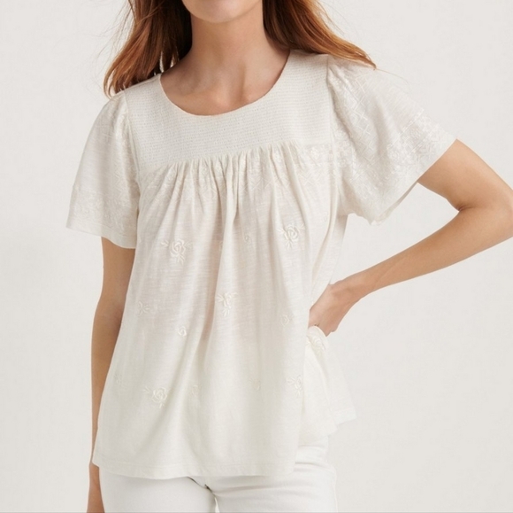 Lucky Brand Smocked Short Sleeve Top - Picture 1 of 9